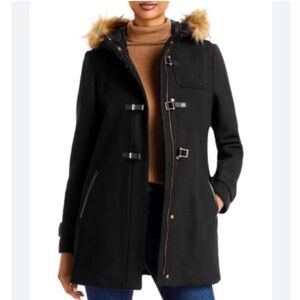 Cole Haan Hooded Faux Fur Trim Wool Blend Duffle Coat